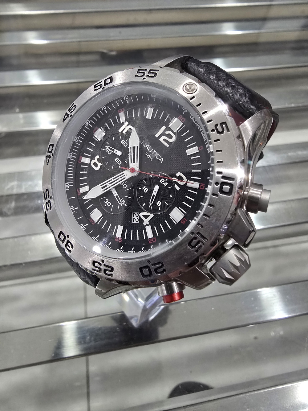 Nautica Black and Silver Men's Chronograph Sport Watch